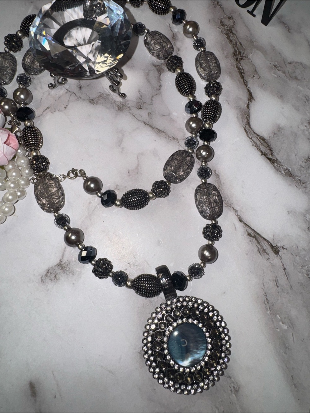 Silver-Tone Crystal Pendant Necklace - Gray/Black